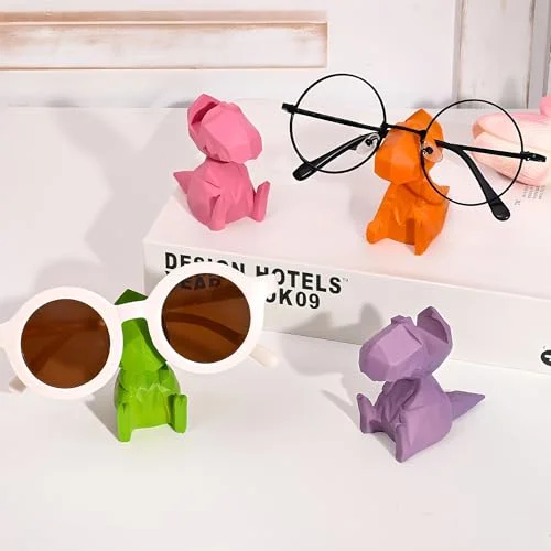 MOUGIGI Cute Dinosaur Glasses Holder - 4pcs Resin Eyeglass Display Stand for Nightstand & Desktop Organizer - Multi-Color Eyewear Storage - Perfect Home & Office Decor for All Ages
