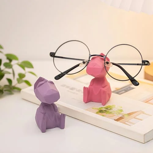 MOUGIGI Cute Dinosaur Glasses Holder - 4pcs Resin Eyeglass Display Stand for Nightstand & Desktop Organizer - Multi-Color Eyewear Storage - Perfect Home & Office Decor for All Ages 4