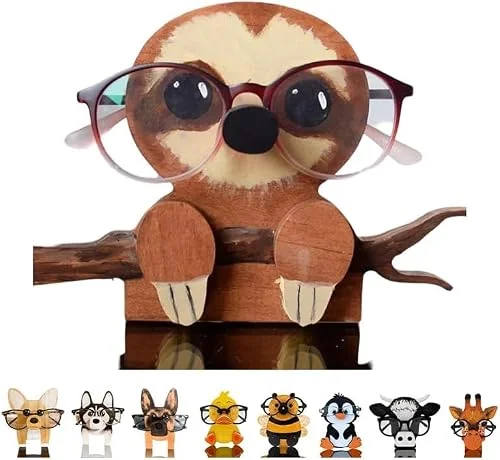 Wooden Animal Glasses Holder , Newsukie - Cute Solid Pine Wood Eyeglasses Stand,Carving Sunglasses Eyeglass Display Stand,Newsukie Creative Gift Glasses Holder for Desk (Flowers Highland Cow) (Sloth)